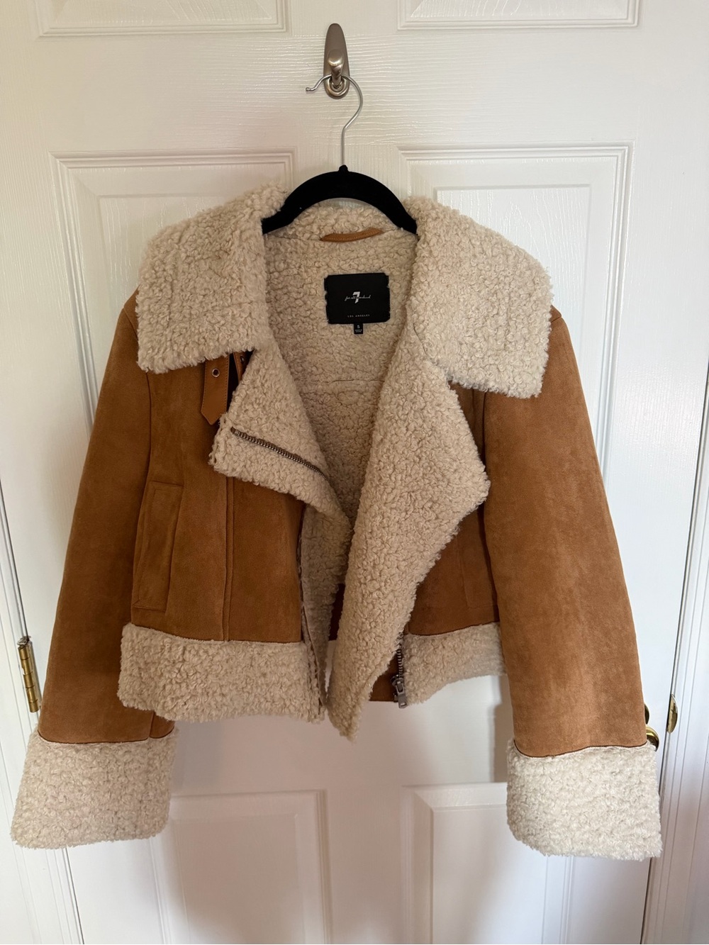 7 For All Mankind Tan and Cream Faux Shearling Aviator Jacket